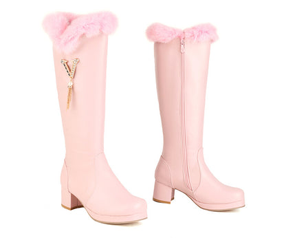 Round Toe Fur Block Chunky Heel Platform Knee-High Boots for Women