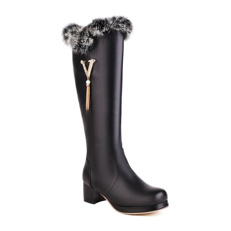 Round Toe Fur Block Chunky Heel Platform Knee-High Boots for Women