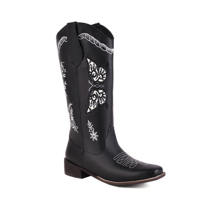 Ladies Ethnic Embroidery Low Heels Cowboy Mid Calf Boots