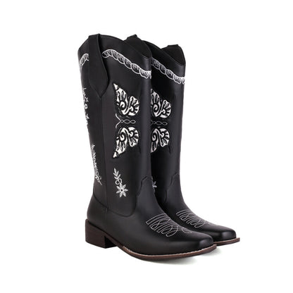 Ladies Ethnic Embroidery Low Heels Cowboy Mid Calf Boots