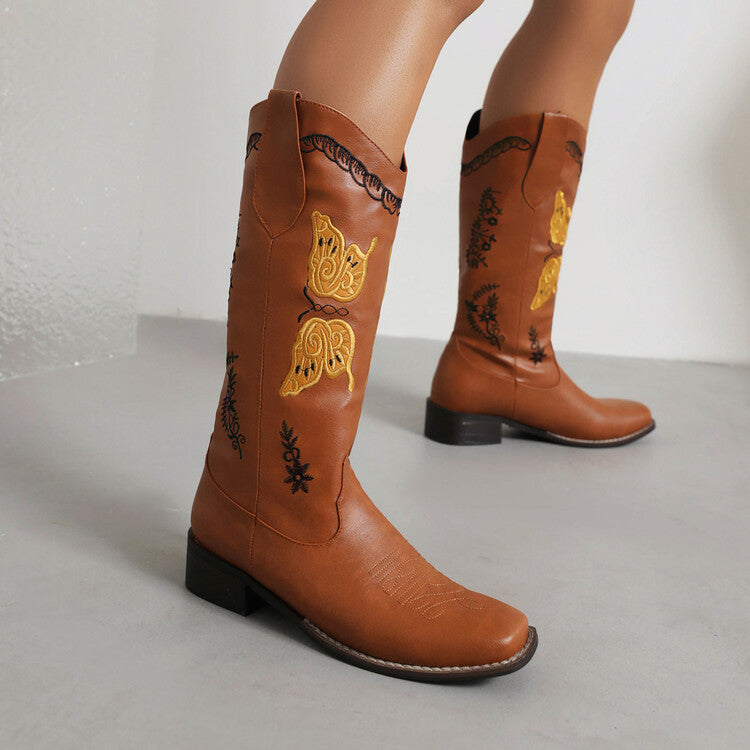 Ladies Ethnic Embroidery Low Heels Cowboy Mid Calf Boots