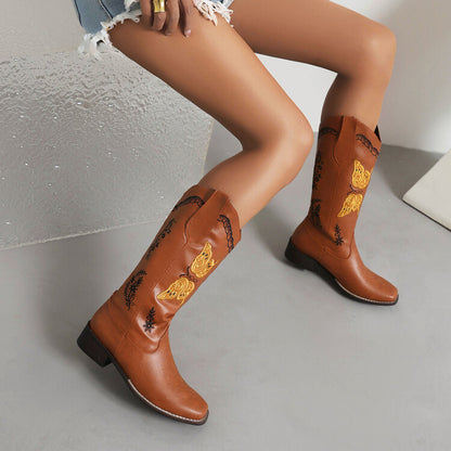 Ladies Ethnic Embroidery Low Heels Cowboy Mid Calf Boots