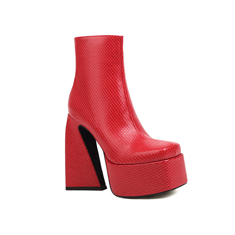 Women Pu Leather Triangle Block Heel Platform Short Boots