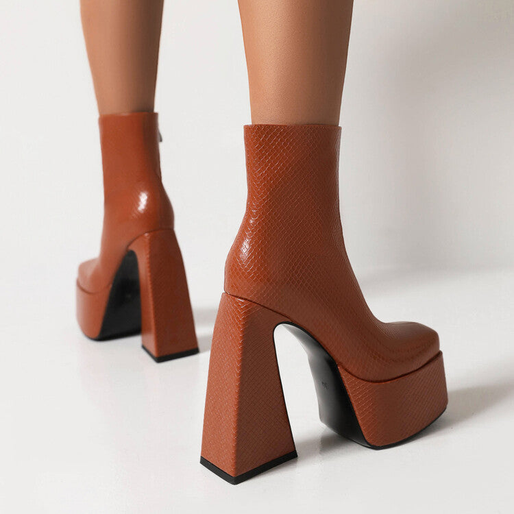 Women Pu Leather Triangle Block Heel Platform Short Boots