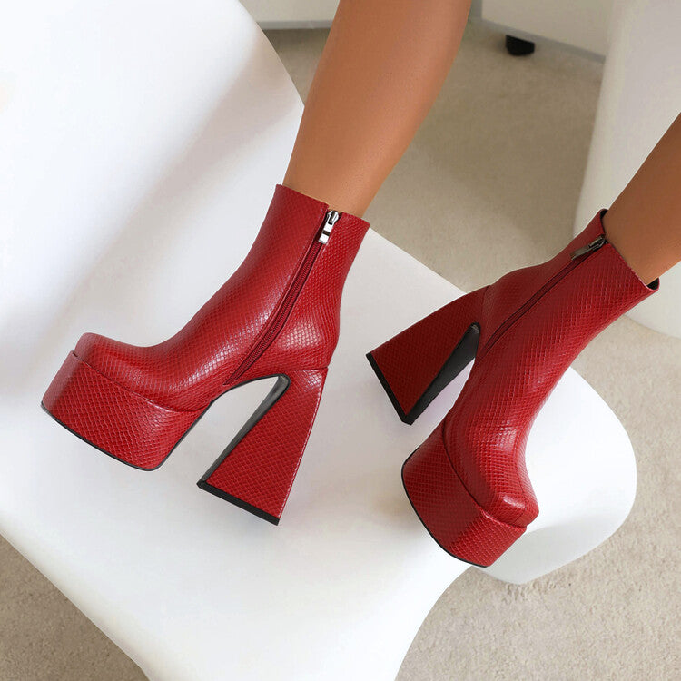 Women Pu Leather Triangle Block Heel Platform Short Boots