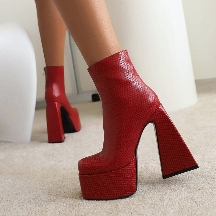 Women Pu Leather Triangle Block Heel Platform Short Boots