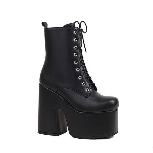 Pu Leather Square Toe Lace Up Side Zippers Block Chunky Heel Platform Short Boots for Women