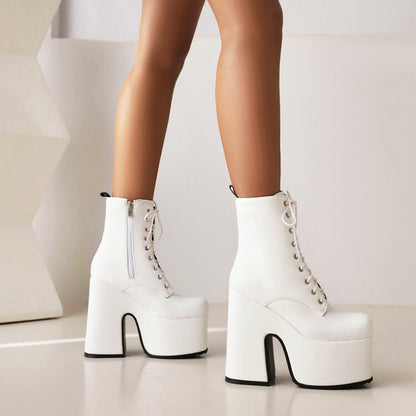 Pu Leather Square Toe Lace Up Side Zippers Block Chunky Heel Platform Short Boots for Women