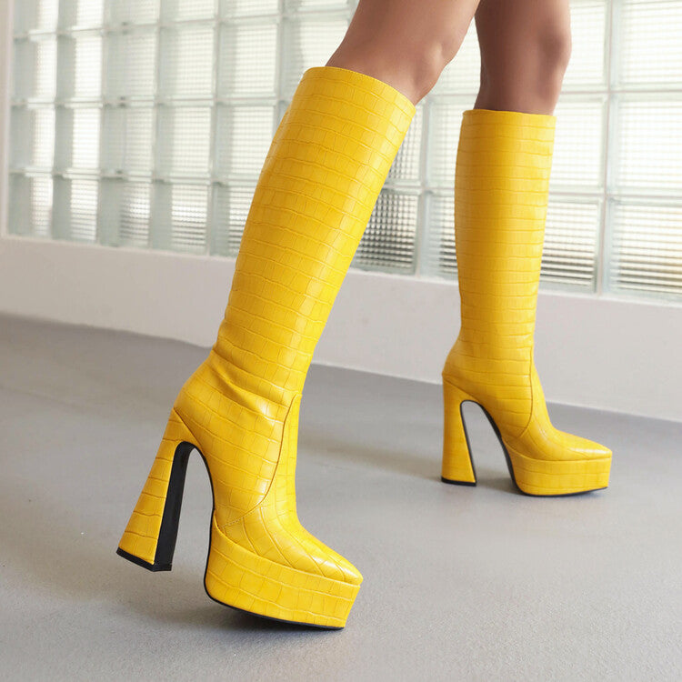 Pointed Toe Chunky Heel Platform Knee High Boots for Women