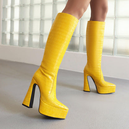 Pointed Toe Chunky Heel Platform Knee High Boots for Women