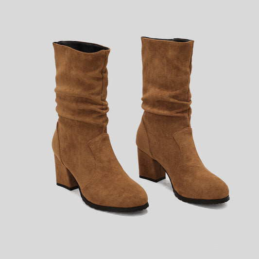 Round Toe Slouch Block Chunky Heel Mid-Calf Boots for Women