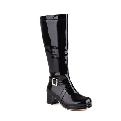 Glossy Square Toe Buckle Straps Block Chunky Heel Platform Knee-High Boots for Women