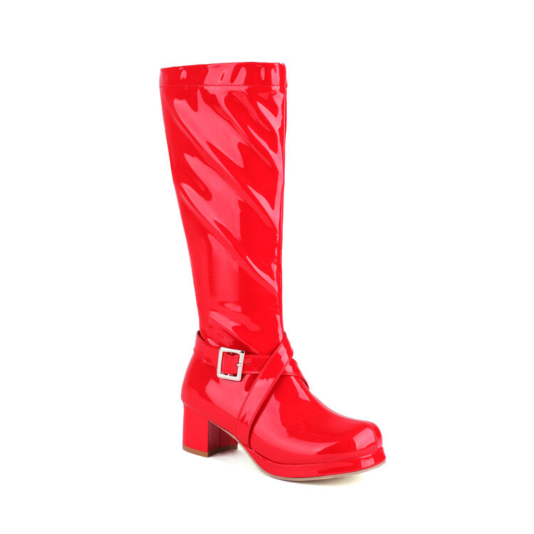 Glossy Square Toe Buckle Straps Block Chunky Heel Platform Knee-High Boots for Women