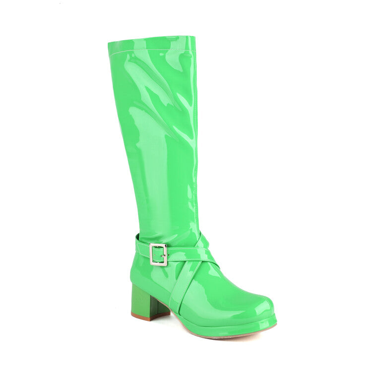 Glossy Square Toe Buckle Straps Block Chunky Heel Platform Knee-High Boots for Women