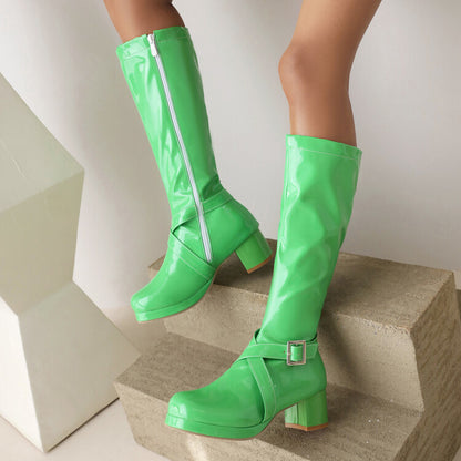 Glossy Square Toe Buckle Straps Block Chunky Heel Platform Knee-High Boots for Women