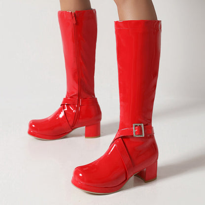 Glossy Square Toe Buckle Straps Block Chunky Heel Platform Knee-High Boots for Women