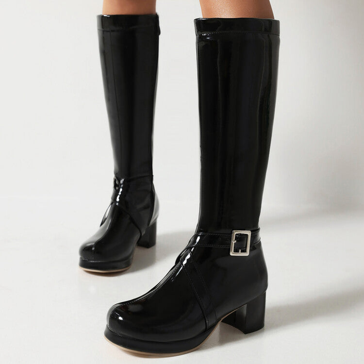 Glossy Square Toe Buckle Straps Block Chunky Heel Platform Knee-High Boots for Women