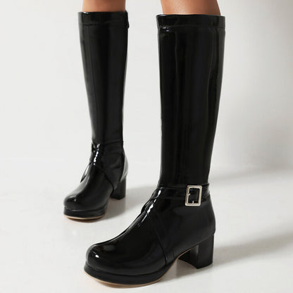 Glossy Square Toe Buckle Straps Block Chunky Heel Platform Knee-High Boots for Women