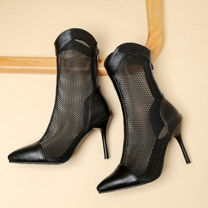 Pointed Toe Mesh Stiletto Heel Mid Calf Boots for Women