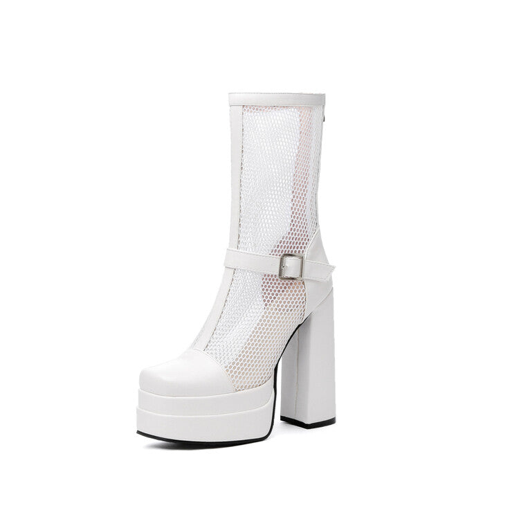 Square Toe Mesh Buckle Zipper Block Platform Mid Calf Boots for Women