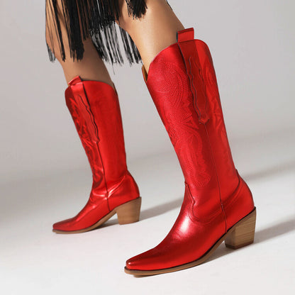 Cowboy Pointed Toe Beveled Heel Mid Calf Western Boots for Women