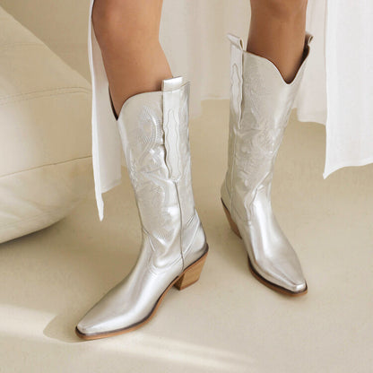 Cowboy Pointed Toe Beveled Heel Mid Calf Western Boots for Women