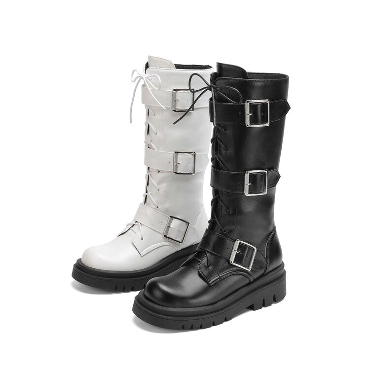 Round Toe Buckle Straps Lace-Up Platform Mid Calf Boots for Women