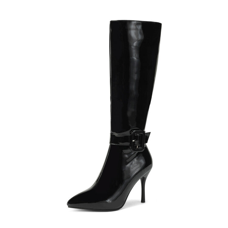 Glossy Pointed Toe Stiletto Heel Knee High Boots for Women