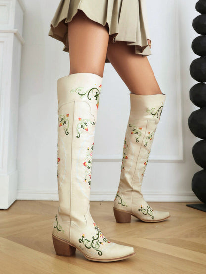 Oriental Embroidery Pointed Toe Beveled Heel Over-The-Knee Boots for Women