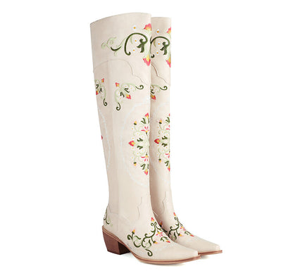 Oriental Embroidery Pointed Toe Beveled Heel Over-The-Knee Boots for Women