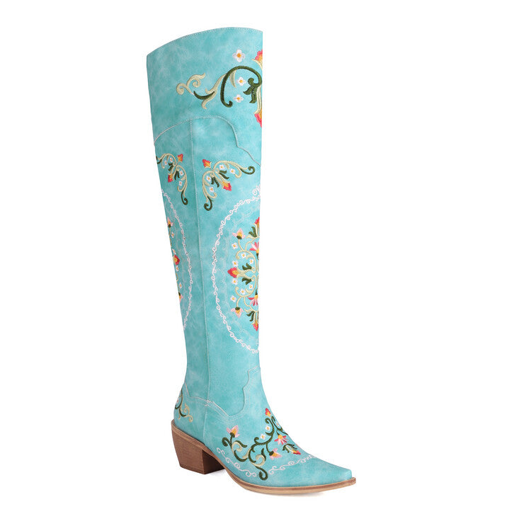 Oriental Embroidery Pointed Toe Beveled Heel Over-The-Knee Boots for Women