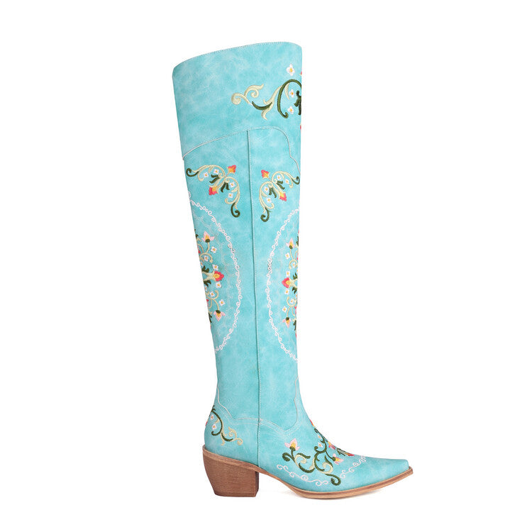 Oriental Embroidery Pointed Toe Beveled Heel Over-The-Knee Boots for Women