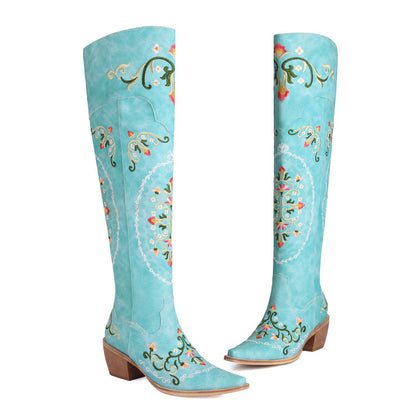 Oriental Embroidery Pointed Toe Beveled Heel Over-The-Knee Boots for Women