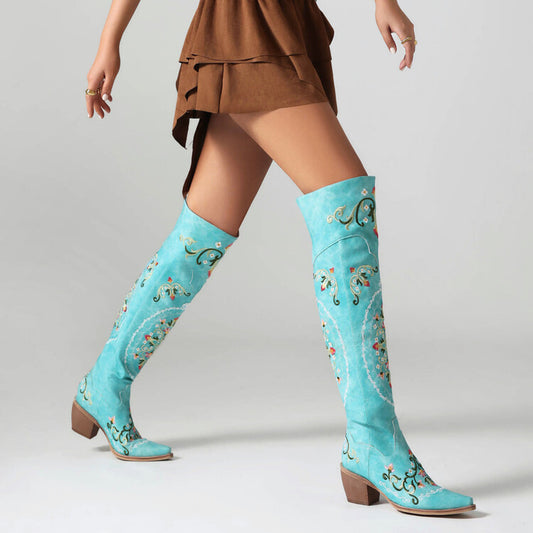 Oriental Embroidery Pointed Toe Beveled Heel Over-The-Knee Boots for Women