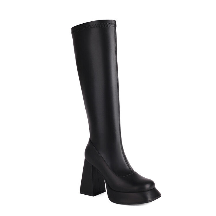 Side Zippers Square Toe Chunky Heel Platform Knee High Boots for Women