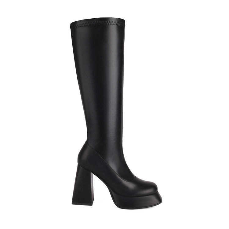 Side Zippers Square Toe Chunky Heel Platform Knee High Boots for Women