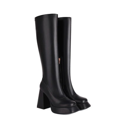 Side Zippers Square Toe Chunky Heel Platform Knee High Boots for Women