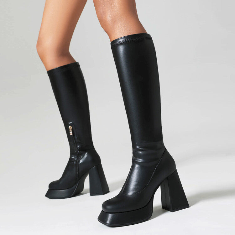 Side Zippers Square Toe Chunky Heel Platform Knee High Boots for Women