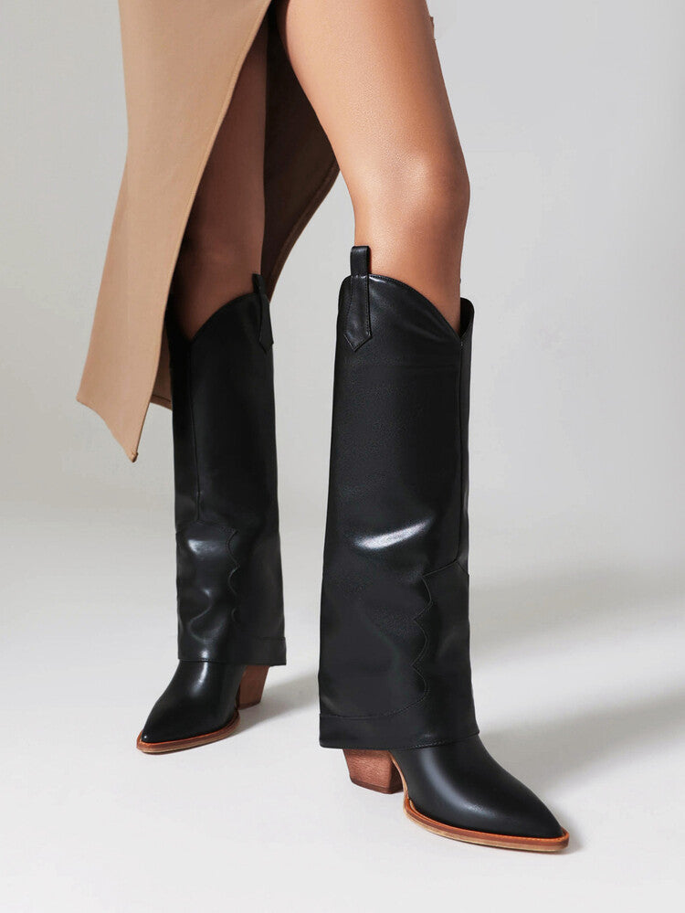 Western Boots Fold Pointed Toe Beveled Heel Knee High Boots for Women