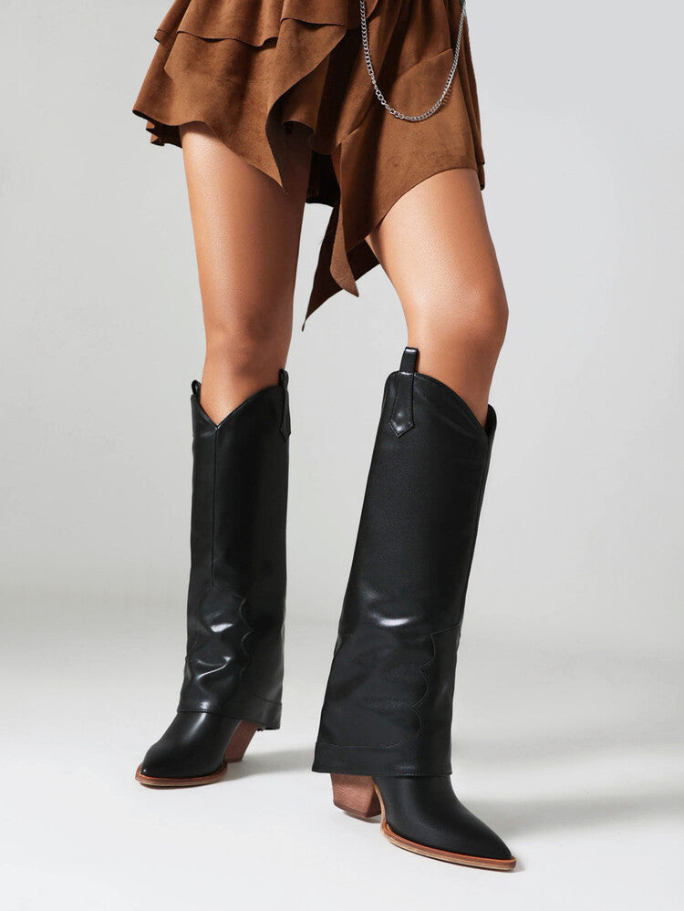 Western Boots Fold Pointed Toe Beveled Heel Knee High Boots for Women