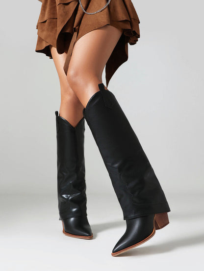 Western Boots Fold Pointed Toe Beveled Heel Knee High Boots for Women