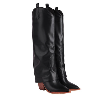 Western Boots Fold Pointed Toe Beveled Heel Knee High Boots for Women