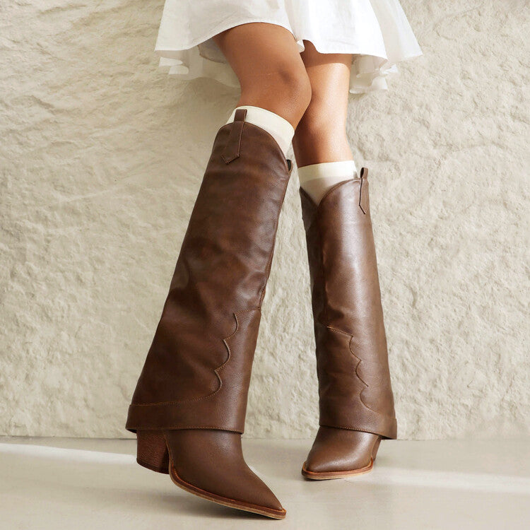 Western Boots Fold Pointed Toe Beveled Heel Knee High Boots for Women