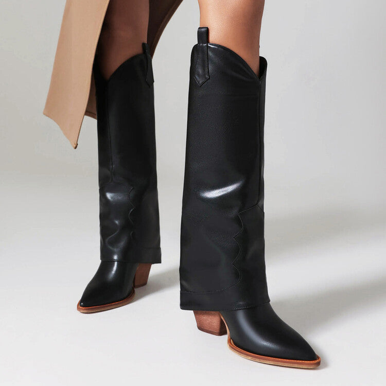 Western Boots Fold Pointed Toe Beveled Heel Knee High Boots for Women