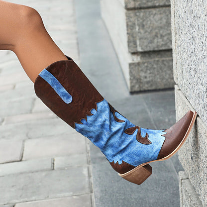 Western Pointed Toe Tie-Dye Beveled Heel Mid-calf Boots for Women