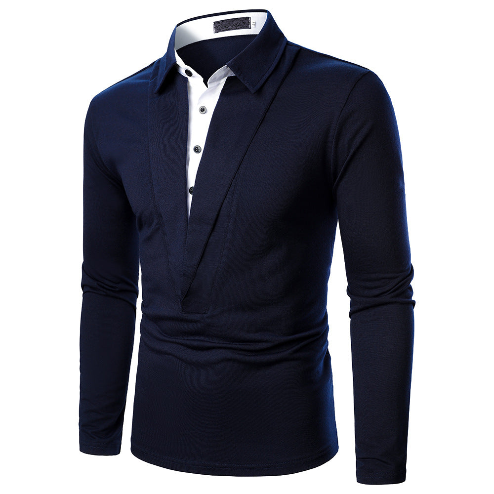 Men's Deep V Two-color Stitching Long Sleeve Shirts