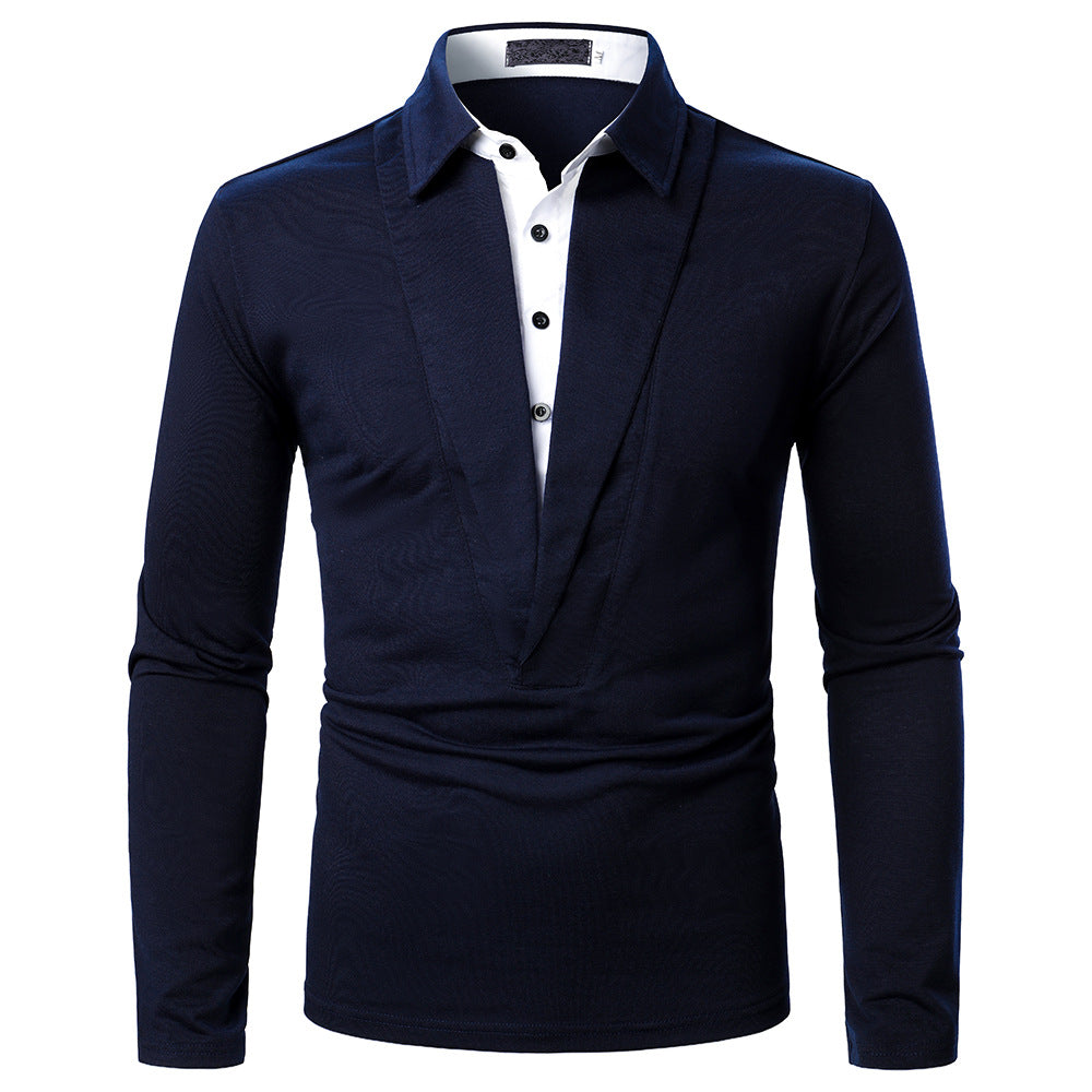 Men's Deep V Two-color Stitching Long Sleeve Shirts