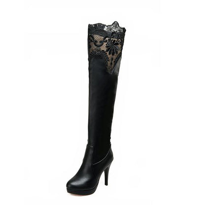 Women Lace High Heels Platform Knee High Boots