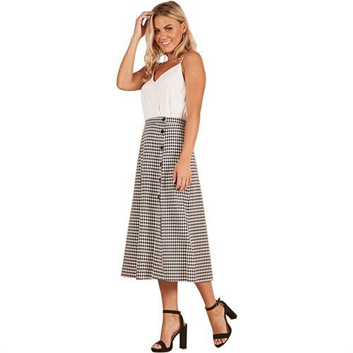 Ladylike Plaid Split Joint High Waist Slit Dip Hem Long Women Skirts