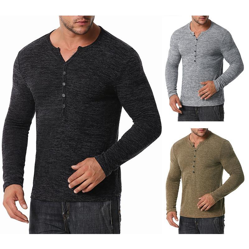 Men's Long Sleeves Waffle Weave Henry Stand-Up Collar T-shirt